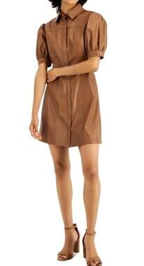 Kit + Sky Faux Leather Puff Sleeve Mini Shirt Dress NWT Brown Size L 10/12